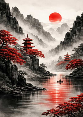 Serene Japanese Landscape with Pagodas