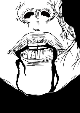 Close-up of a mouth with dripping black liquid