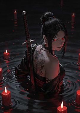 Samurai Woman with Red Eyes and Tattoo
