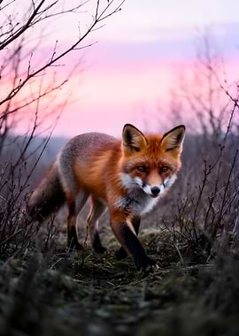 Red Fox in Twilight Landscape