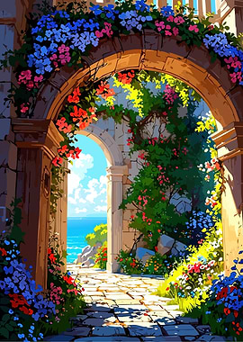 Archway with Flowers and Sea View