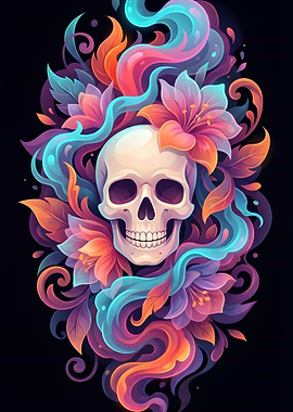 Skull surrounded by colorful floral elements