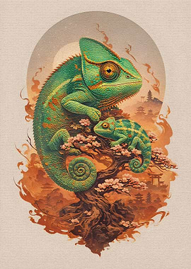 Two Chameleons on a Cherry Blossom Tree