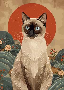 Siamese Cat with Japanese Landscape