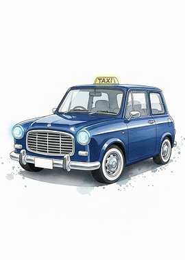 Blue Vintage Taxi Watercolor Illustration