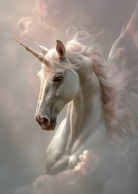 Majestic White Unicorn in Clouds