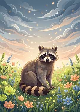 Cute Raccoon in a Field of Flowers