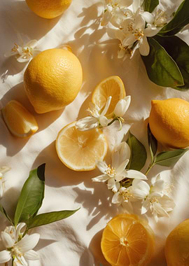 Lemons and Blossoms on White Fabric