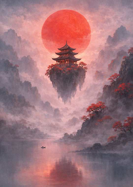 Floating Pagoda Under a Red Sun