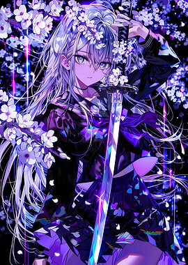 Anime Girl with Sword and Cherry Blossoms