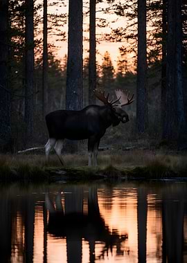 Moose by a lake at sunset