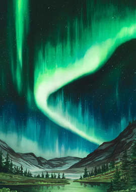 Aurora Borealis Over Mountains and Lake