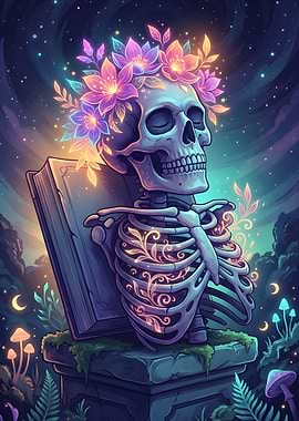 Skeleton with Flowers and Book