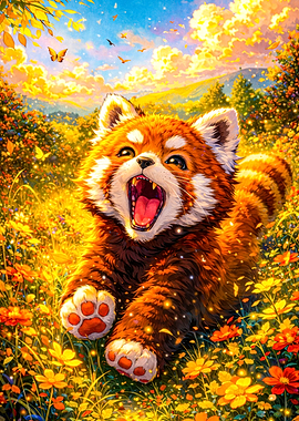 Cute Red Panda in a Field of Flowers