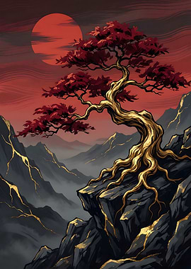 Golden Tree on Crimson Horizon