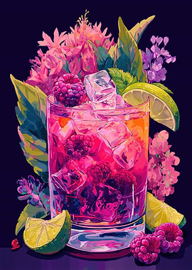 Vibrant Raspberry and Lime Cocktail with Flowers