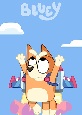 Bluey flying with jetpack