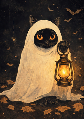 Black cat in ghost costume holding lantern