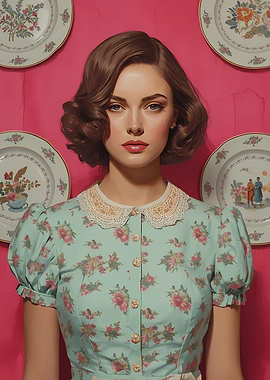 Woman in floral dress with vintage plates