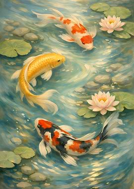 Koi Fish and Water Lilies Painting