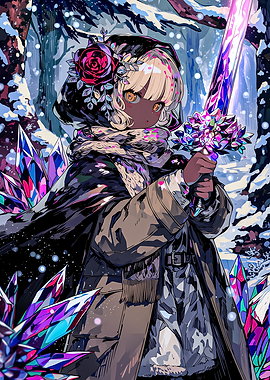 Anime Girl with Crystal Sword in Winter Forest