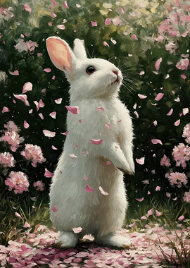 White Rabbit in a Field of Pink Flowers