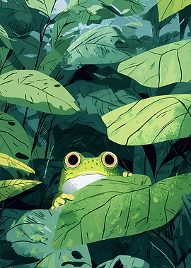 Frog Peeking Through Lush Green Leaves