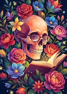 Skull Reading a Book Surrounded by Flowers