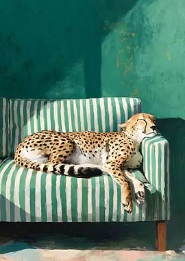Cheetah sleeping on a striped couch