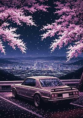 Retro Car Under Cherry Blossoms