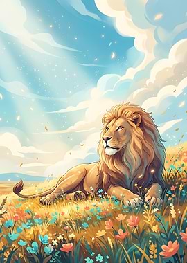 Majestic Lion in a Field of Flowers