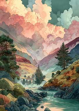 Watercolor Mountain Valley River Scene