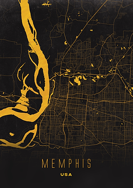 Memphis, Tennessee - Golden City Streets Map, USA Wall Art