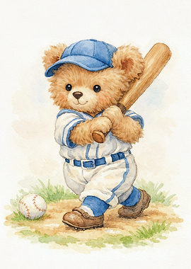 Vintage Nursery Teddy Bear Playing Baseball
