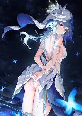 Anime Girl with Blue Hair and Butterflies