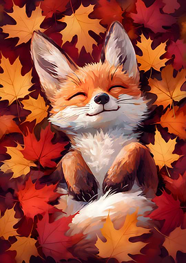 Cute Fox Resting in Autumn Leaves