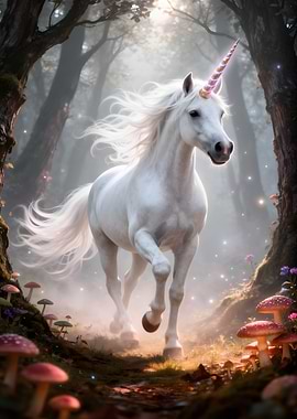 White Unicorn in a Magical Forest