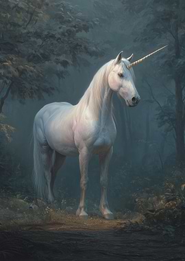 Mystical White Unicorn in a Forest
