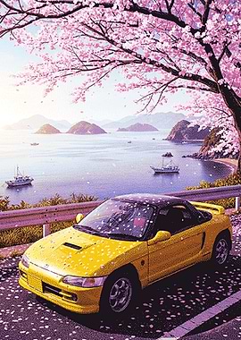 Yellow car under cherry blossoms
