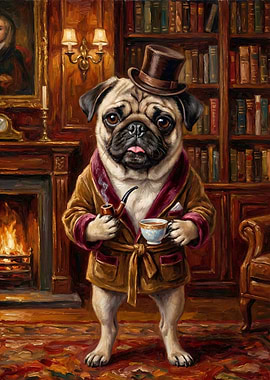 Dapper Pug in a Library