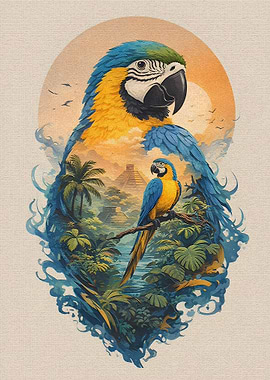 Macaws Over Mayan Ruins