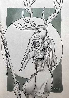 Fantasy Deer Skull Woman with Spear