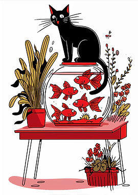 Black Cat Watching Goldfish