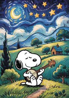 Snoopy Playing Banjo Under Starry Sky