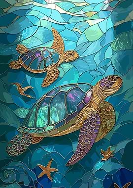 Stained Glass Sea Turtles Underwater