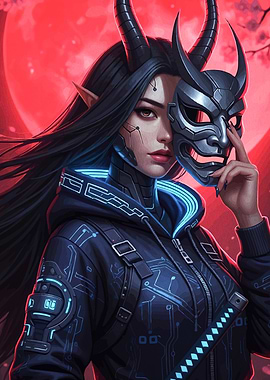 Cyberpunk Oni Mask Girl