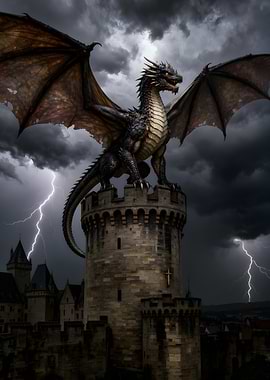 Dragon on Castle Tower During Storm