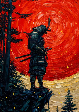 Samurai on Cliff at Sunset