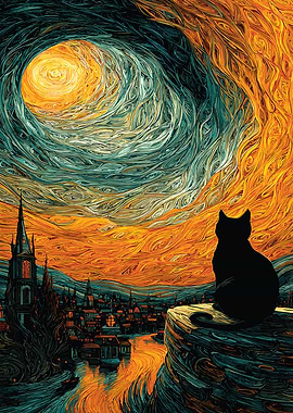 Starry Night Feline: Impressionist Black Cat Over Moonlit Village