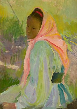 Girl in Pink Scarf and Green Dress